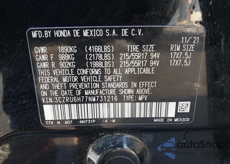 2022 Honda Hr-V Awd Ex-L z USA, uszkodzony, nr VIN 3CZRU6H77NM731216